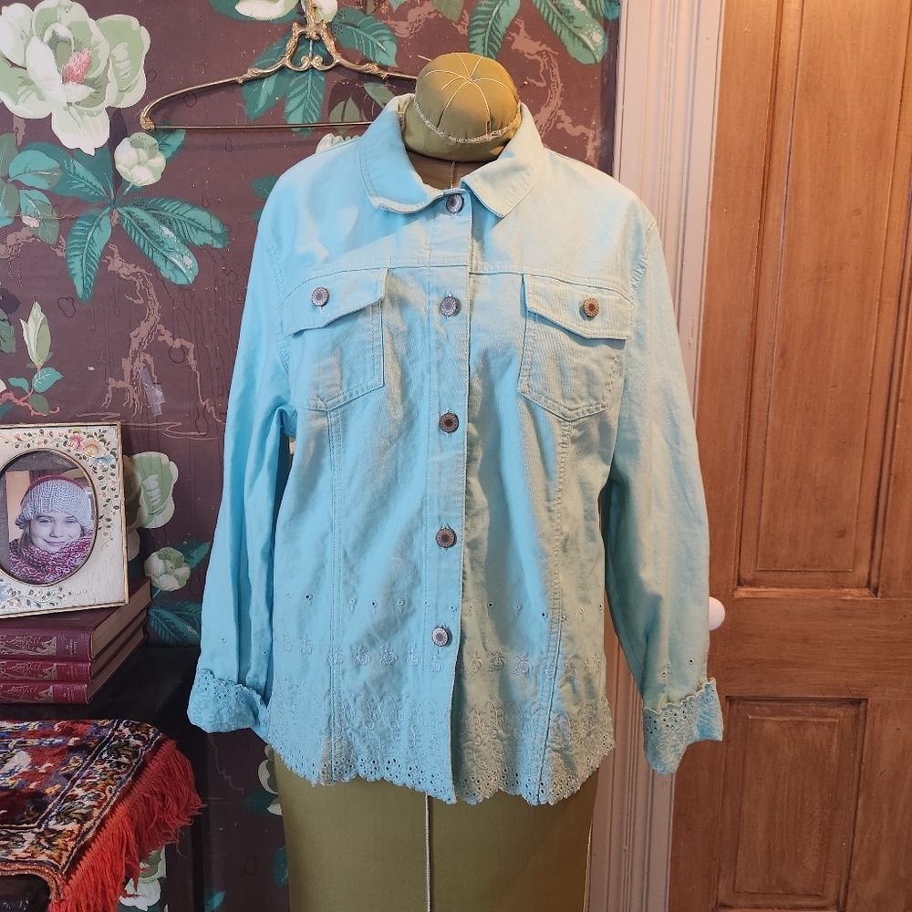 JM Collection Light Blue Denim Jacket Size 14 | Embroidered Eyelet Hem | Romanti